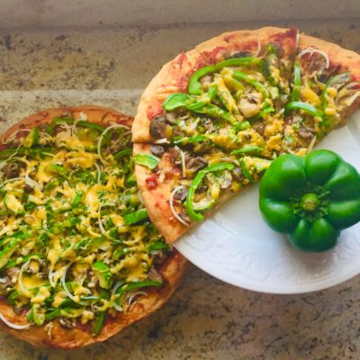 Olive Oil Focaccia Bread Pizza with Green Peppers & Mushroom