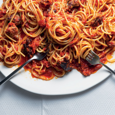 Easy, butter-roasted tomato-and-sausage spaghetti
