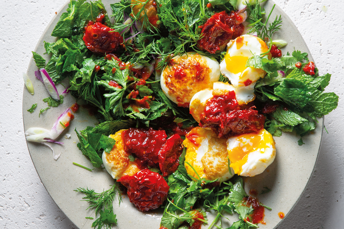 Crispy twice-cooked eggs with sambal oelek and herb salad | Woolworths TASTE
