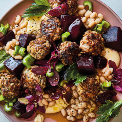 Duck frikkadels with hummus, beetroot and haricot beans