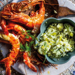 Roast prawns with baby leek-and-dill pilaupr
