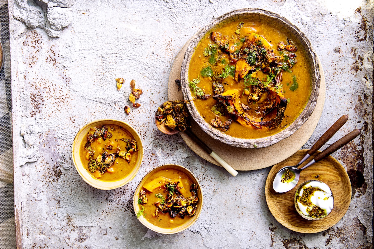spicy squash soup with carrot top pesto