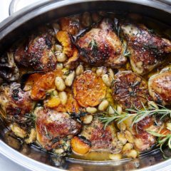 Sticky orange and chilli-baked chicken with bean mash
