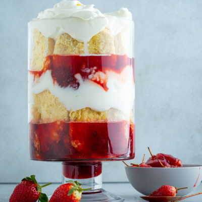 Roasted strawberry and scone trifle 
