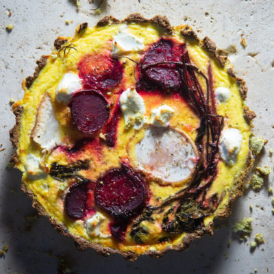 Broccoli quiche with roast beetroot and goat's cheese