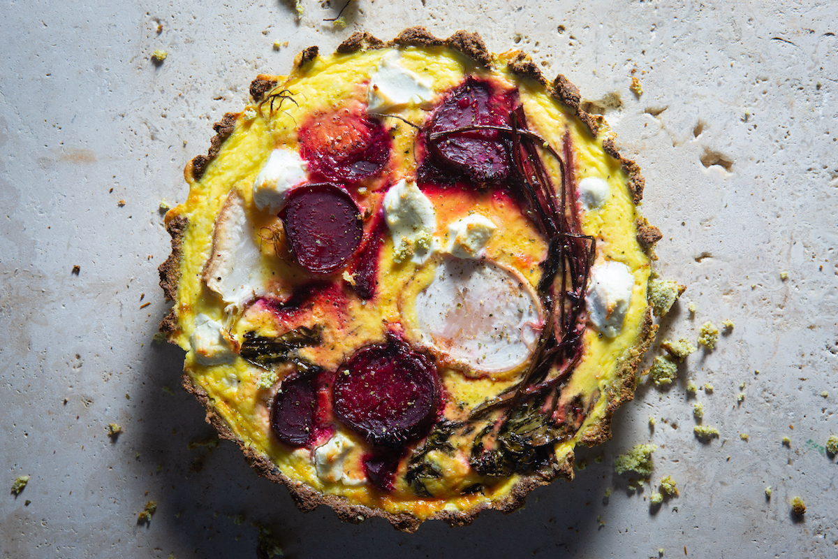 broccoli quiche with roast beetroot and goats cheese