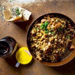 Baked lentils with bacon and Marmite