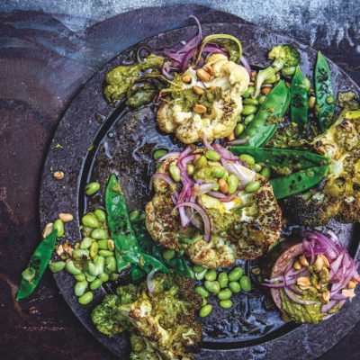 Charred cauliflower and broccoli with Thai green curry butter