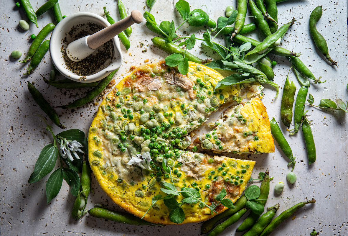 pea and broad bean quiche with sweet potato crust
