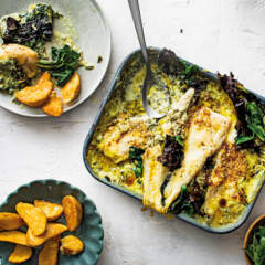 Creamed-spinach baked hake