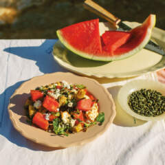 Watermelon, charred feta and bread salad with mint