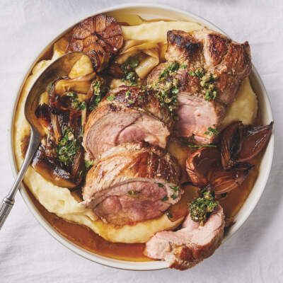 The easiest and most delicious rolled pork neck and veg roast