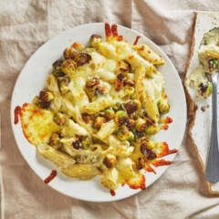 Cheesy Brussels sprout pasta bake