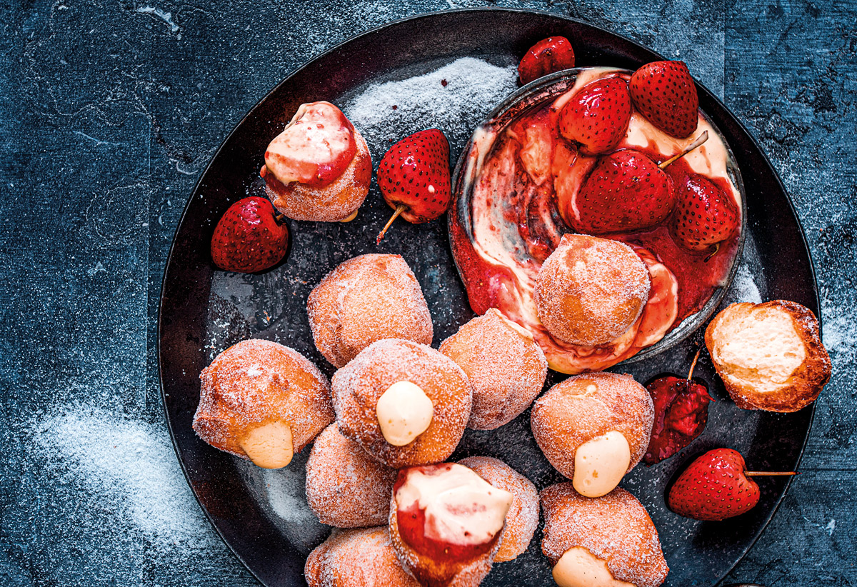 Strawberry custard bomboloni doughnuts