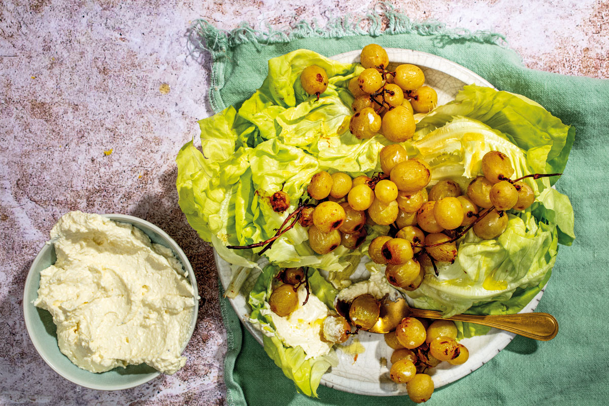BUTTER LETTUCE WITH ROAST GRAPES AND WHIPPED FETA