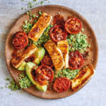 BROCCOLI AND BULGUR WHEAT WITH SPICY HALLOUMI, AVO AND HONEY-ROASTED TOMATOES