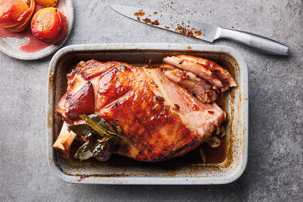 Gammon with Champagne-and-peach glaze