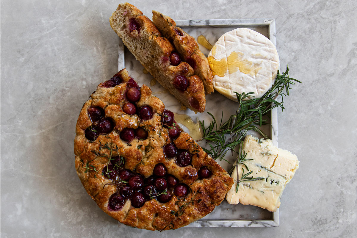 Foccacia with honey-roasted grapes