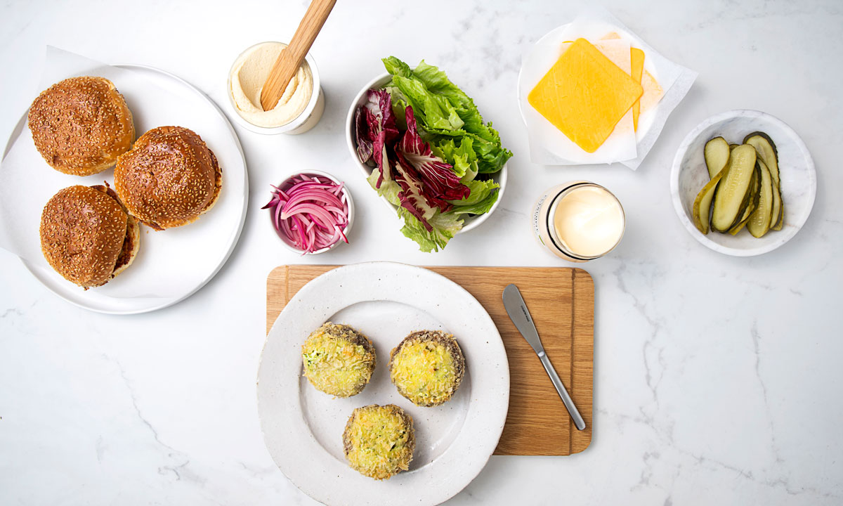 The ultimate crumbed and stuffed mushroom burger deconstructed
