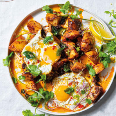 Bombay potatoes with chilli eggs