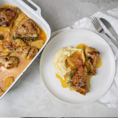 Citrus chicken tray bake with mash