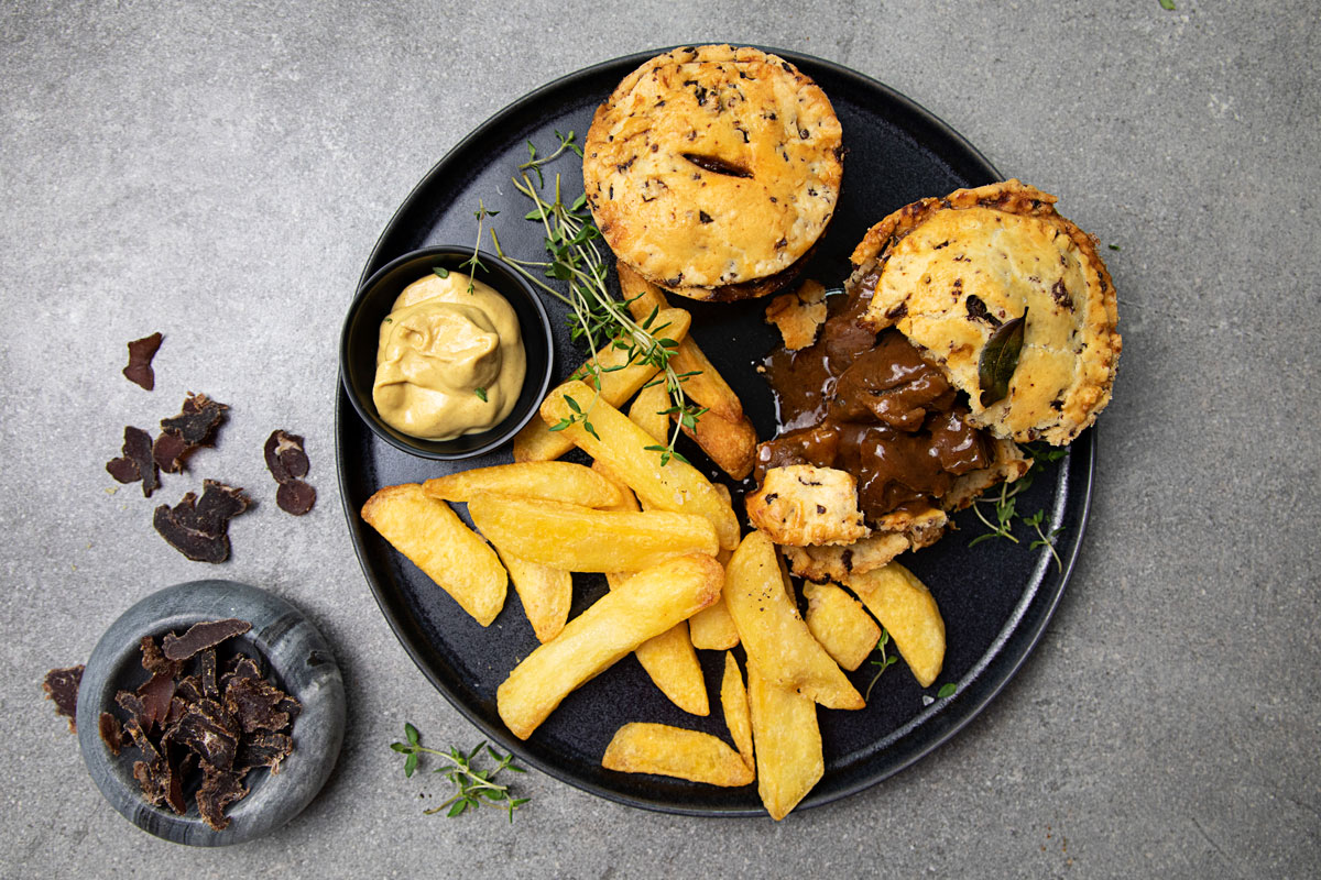 biltong crusted pies with chips
