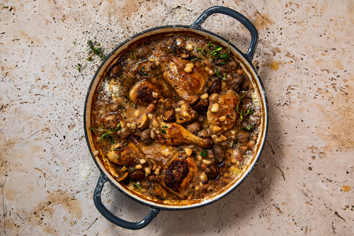 one-pot chicken, mushroom and samp