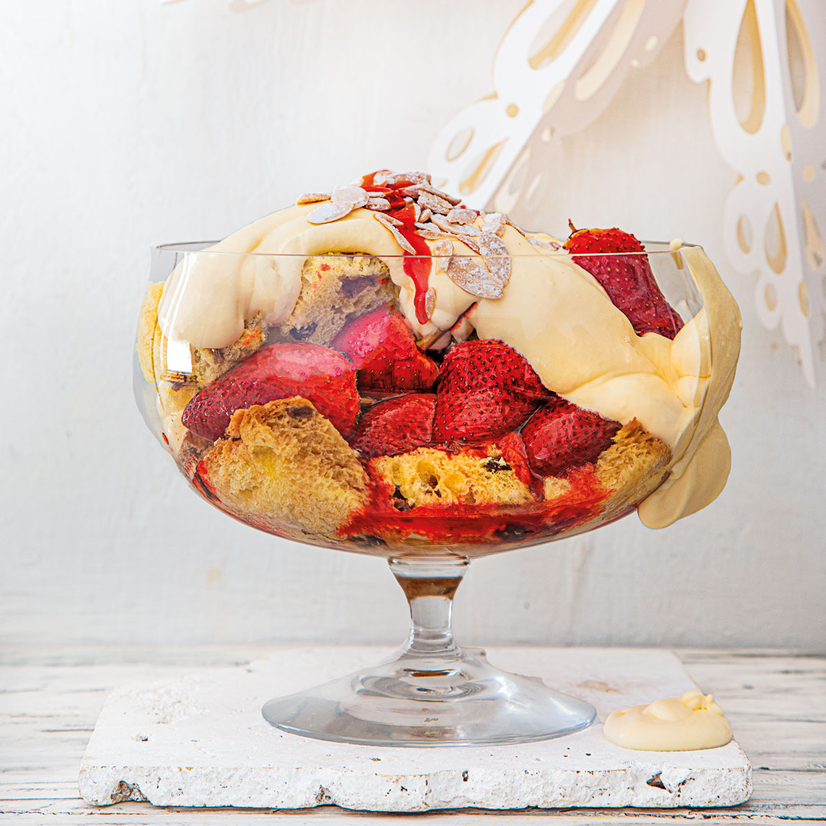 PANETTONE TRIFLE WITH ROASTED STRAWBERRIES AND ELDERFLOWER