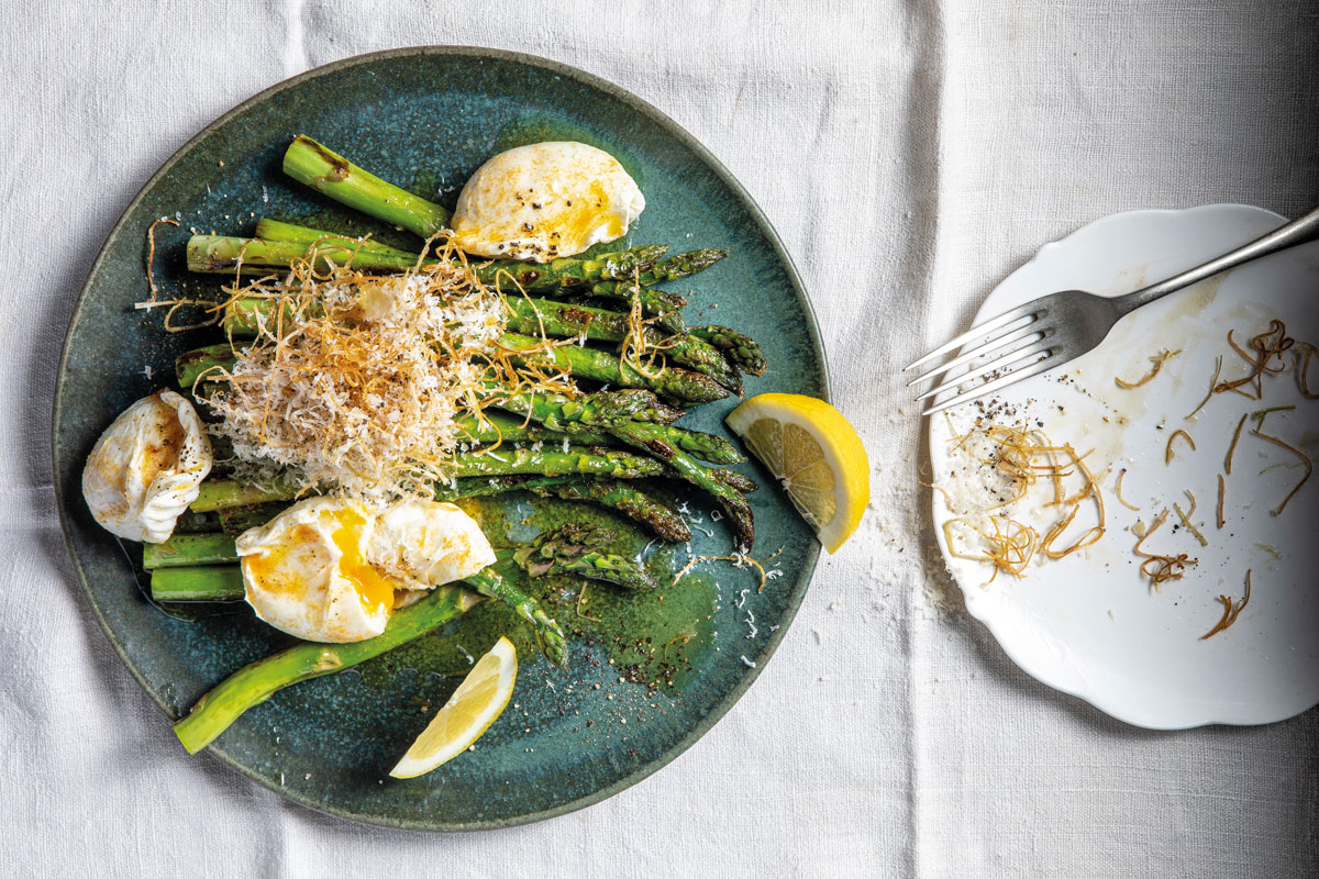 Brown-butter poached eggs and asparagus