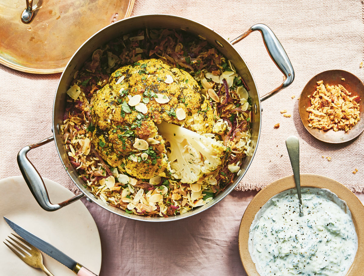 Baked cauliflower pilaf with cucumber and mint raita Woolworths TASTE