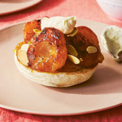 Apricots, almonds & clotted cream on an English muffin