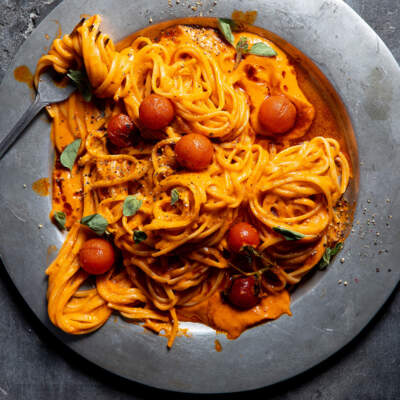 Tray-baked harissa tomato sauce with pasta