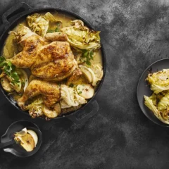 Spatchcocked chicken, cabbage and apple tray bake