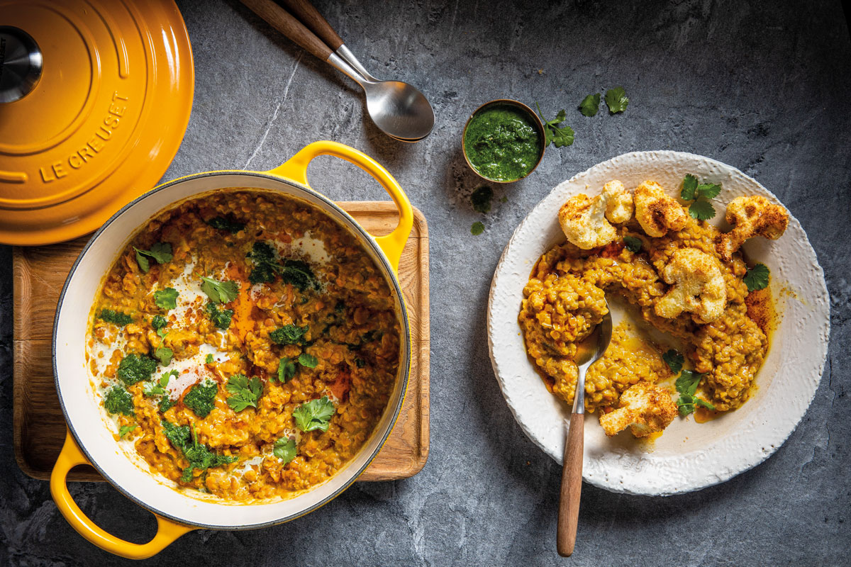 Curried lentils with air-fryer cauliflower bites