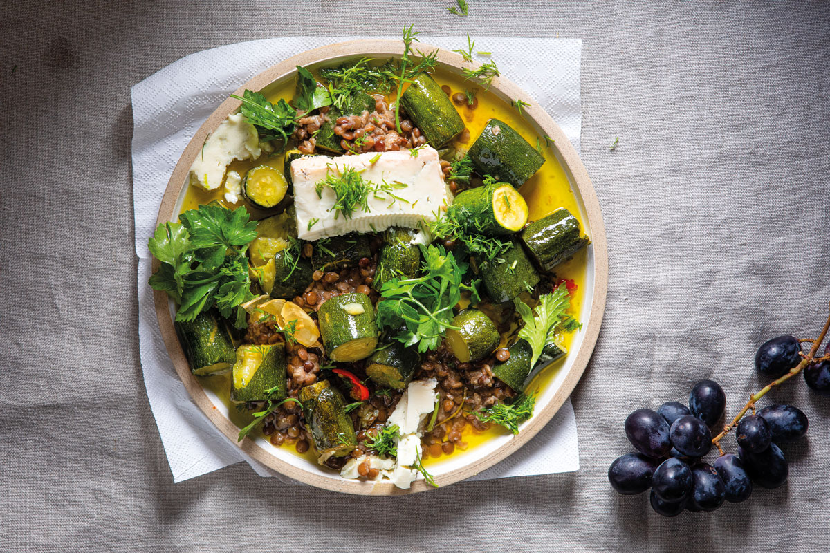 Lentil ragu, confit baby marrow & gorgonzola recipe | TASTE