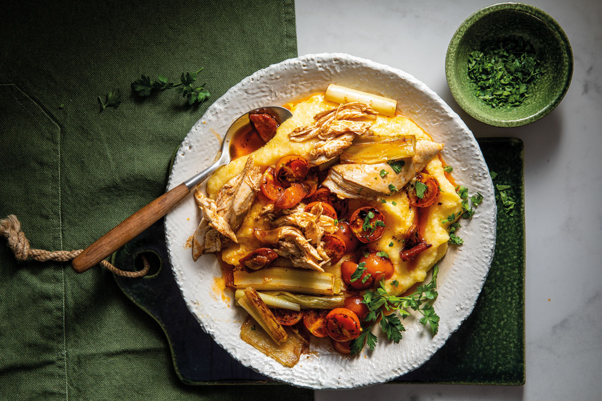 Shredded chicken over soft polenta