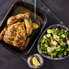 Herbed roast chicken with green ratatouille