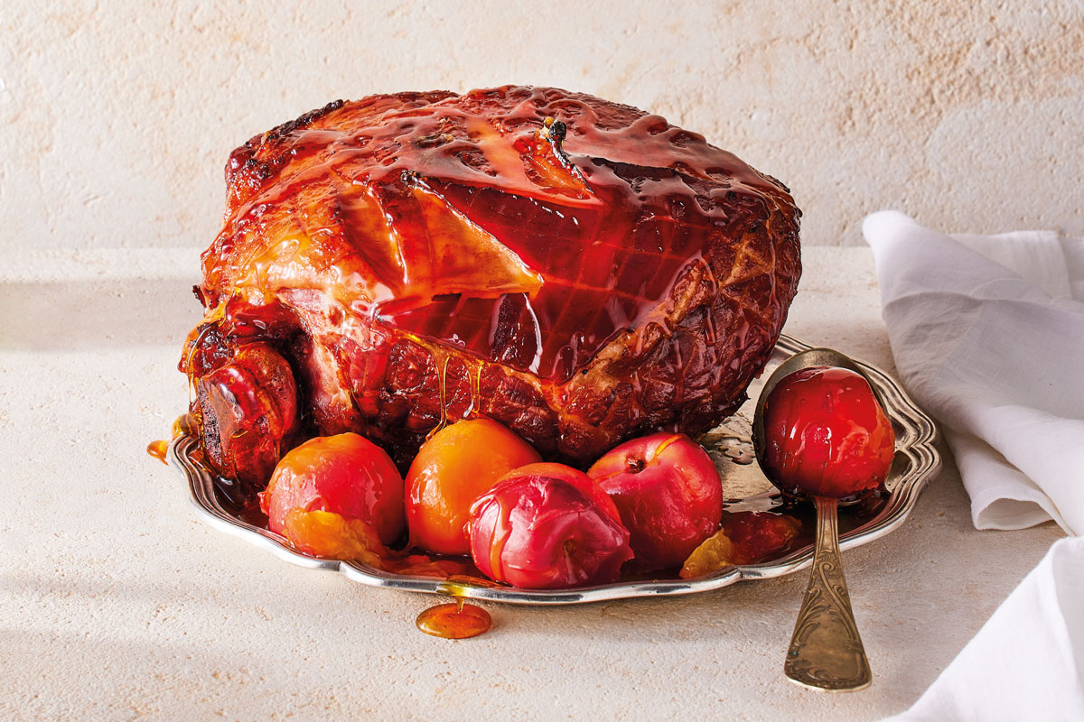 ROAST GAMMON WITH POACHED AND DRIED NECTARINES