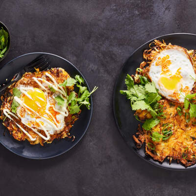 Spicy cabbage hash browns & crispy fried eggs