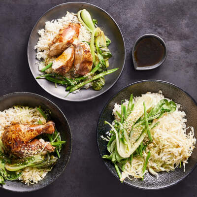 Tea-poached chicken, rice and greens