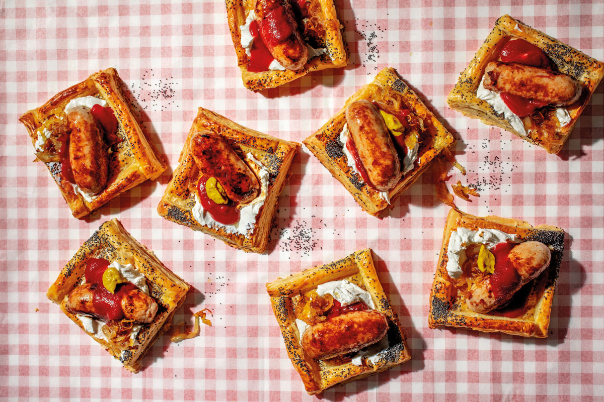 OPEN SAUSAGE ROLLS WITH CHERRY KETCHUP AND WHIPPED GOAT’S CHEESE