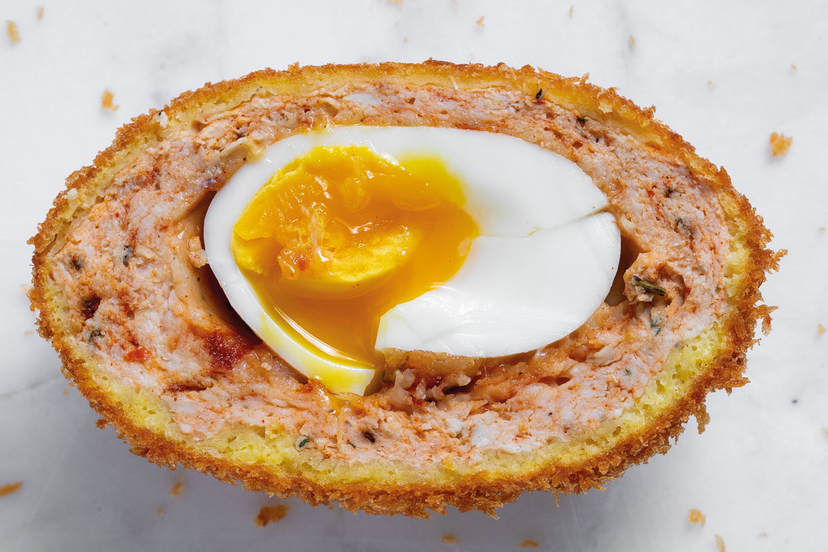 SPICY CHICKEN SCOTCH EGGS WITH SMOKY MUSTARD DRESSING