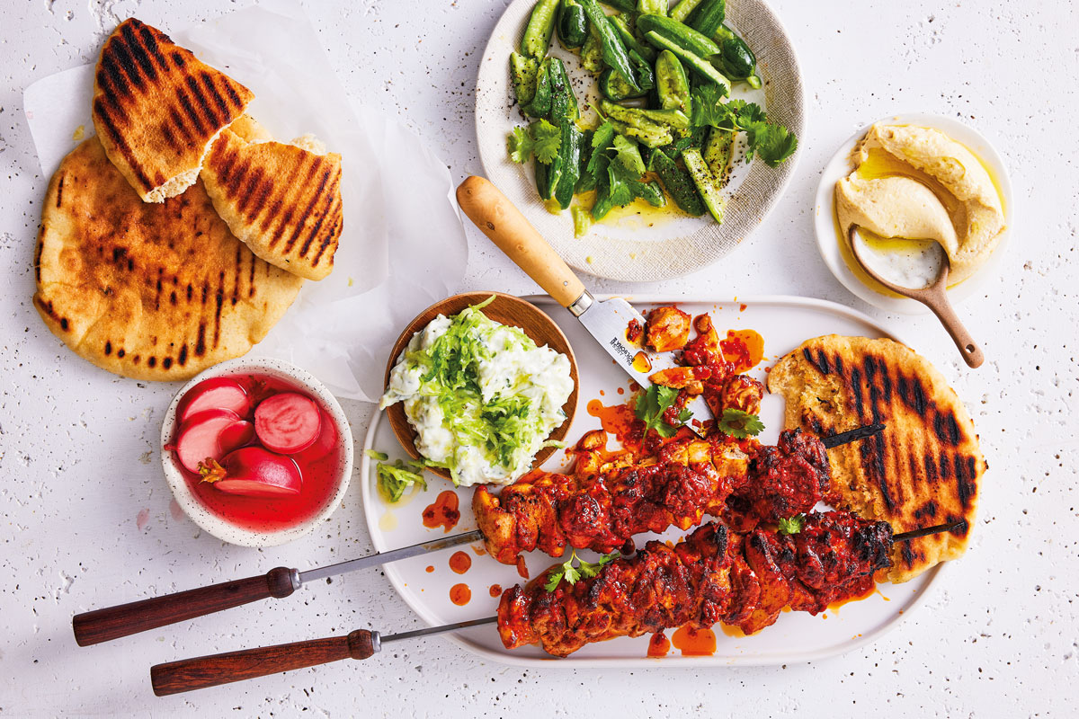 Harissa-and-yoghurt chicken pitas