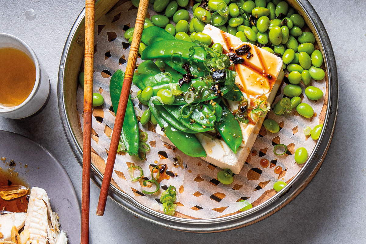 Steamed tofu with black garlic vinaigrette