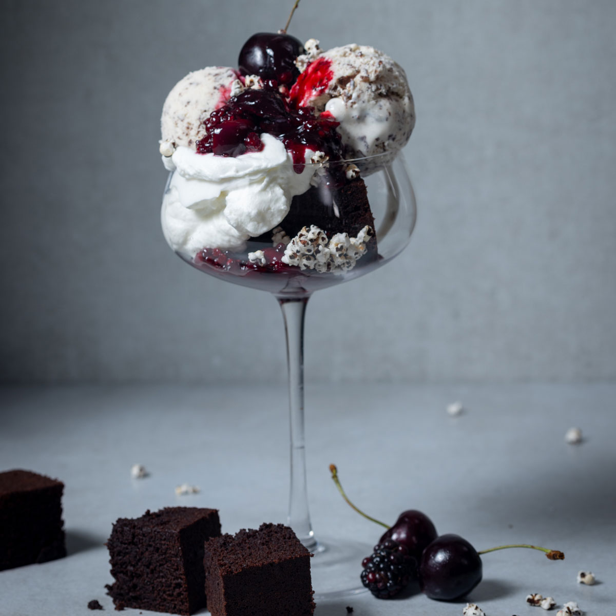 Black forest sorghum brownie sundae