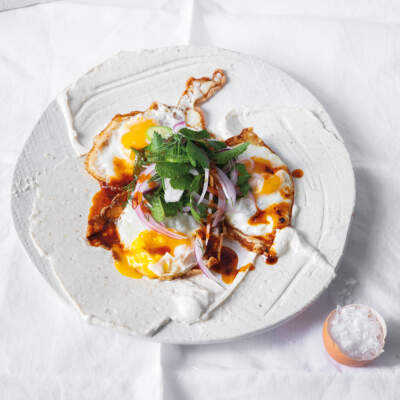 Crispy fried eggs with chilli butter