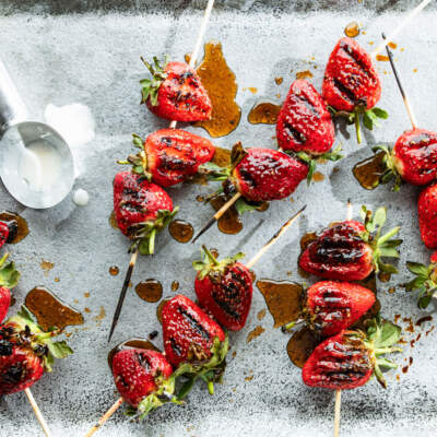 BBQ strawberries with black pepper honey glaze