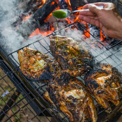 Fish heads with sriracha butter