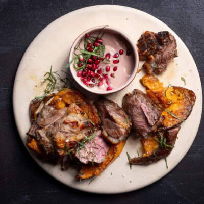 Lamb rump with pomegranate yoghurt sauce