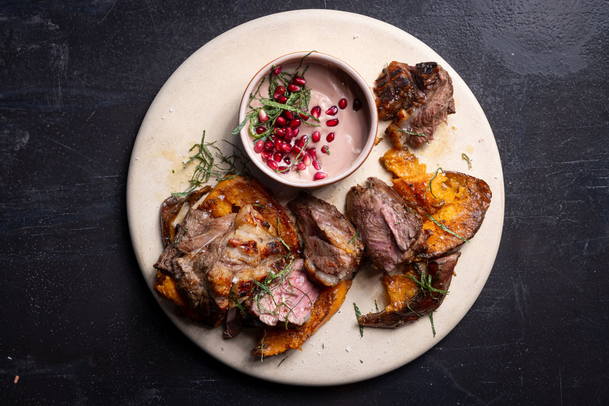 Lamb rump with pomegranate yoghurt sauce